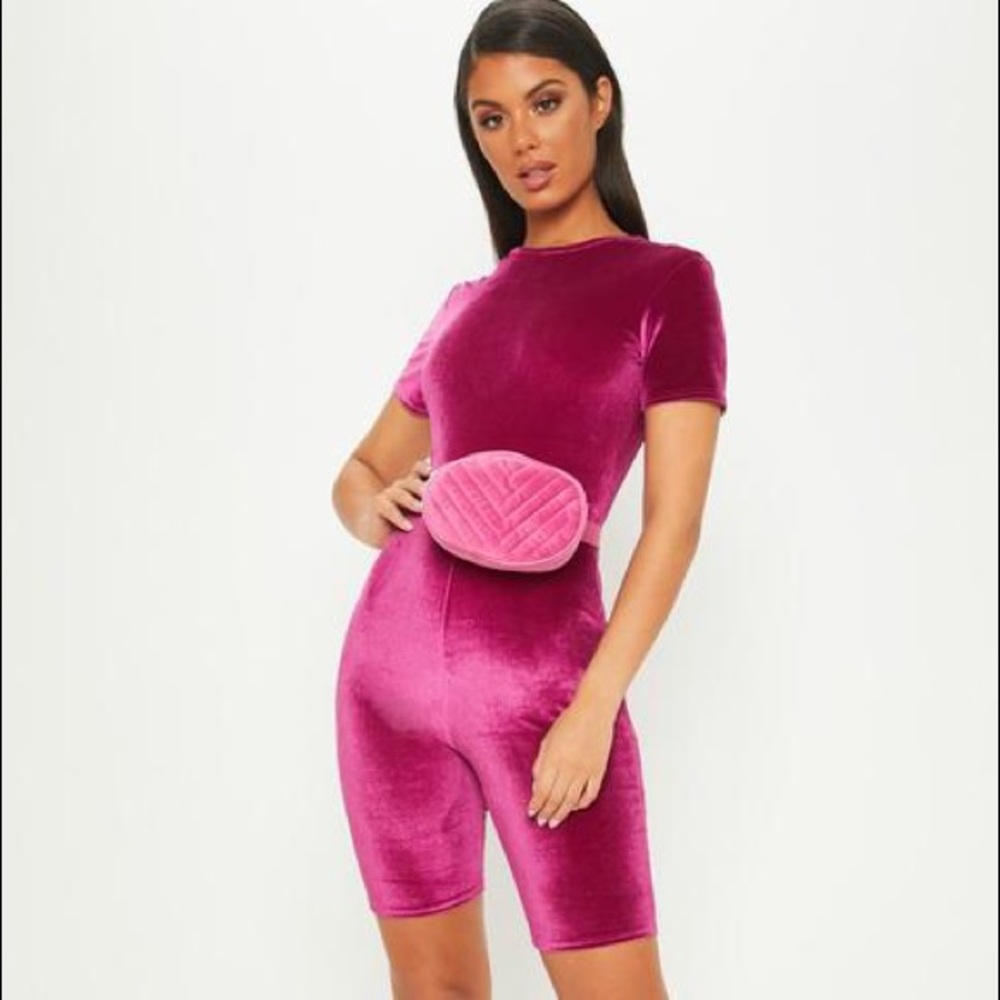 Pretty Little Thing - Hot Pink Velvet Unitard